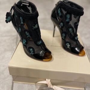 SOPHIA WEBSTER Felice Embellished Mesh Black Patent-Leather Ankle Boot S…